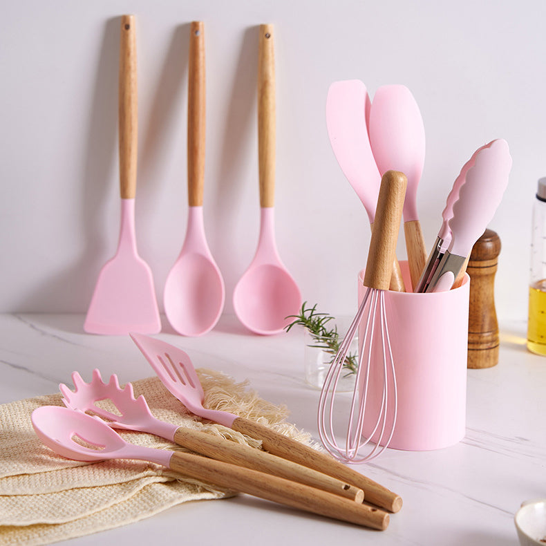 Set de Utensilios de Cocina 12 Piezas – Silicona Antiadherente con Mango de Madera | Holybook México