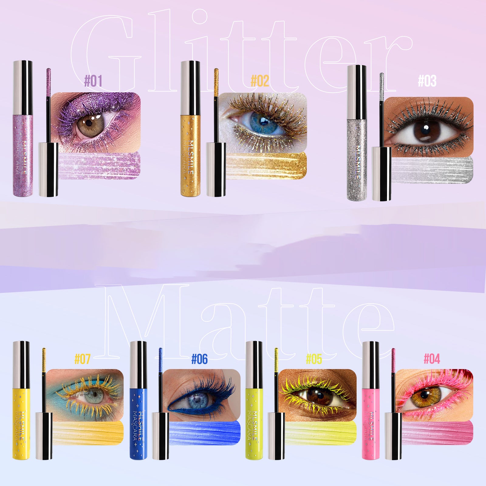 Modelo usando rímel de colores Holybook – pestañas largas con brillo metálico