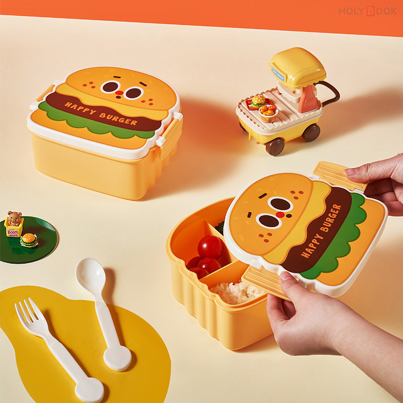 800ML Fiambrera De 3 Compartimentos Kids Burger con Tenedor y Cuchara (Personalizado)
