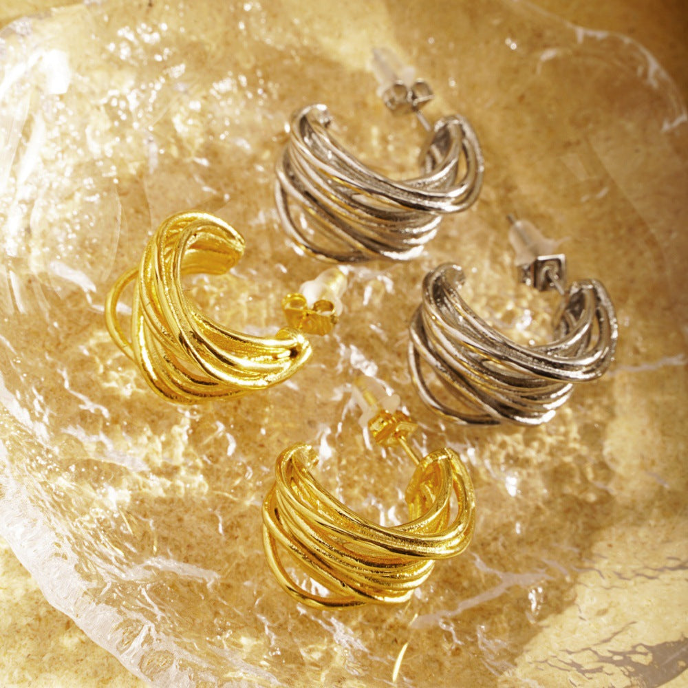 Aretes dorados mujer elegantes Holybook – diseño curvo multilámina con estilo sofisticado