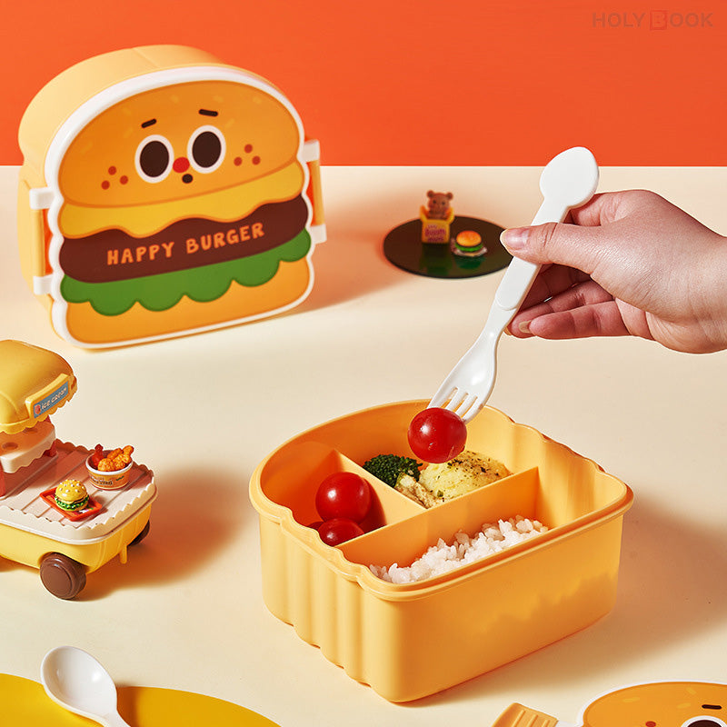 800ML Fiambrera De 3 Compartimentos Kids Burger con Tenedor y Cuchara (Personalizado)