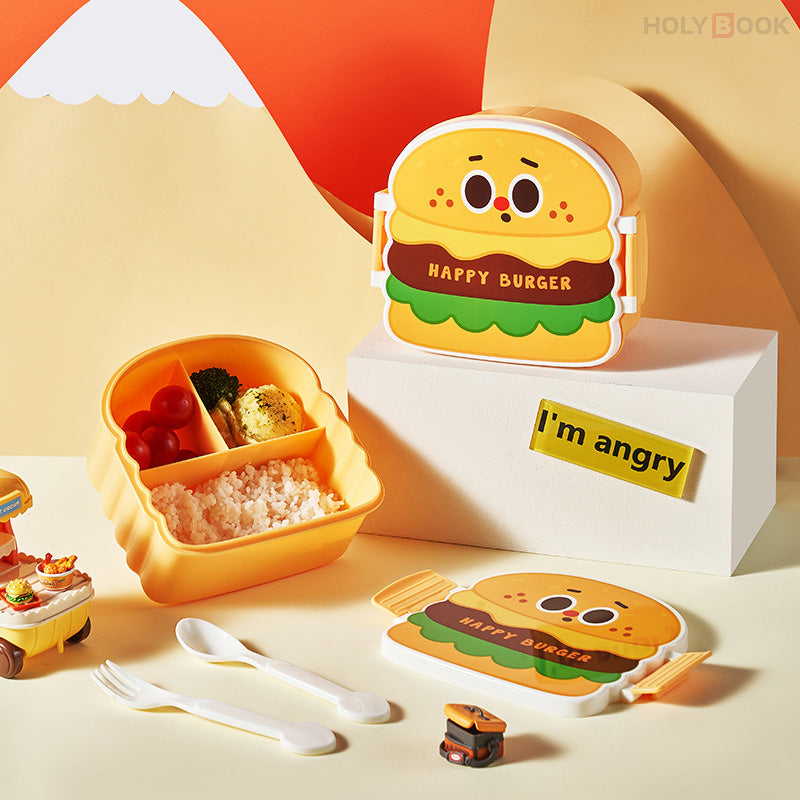 800ML Fiambrera De 3 Compartimentos Kids Burger con Tenedor y Cuchara (Personalizado)