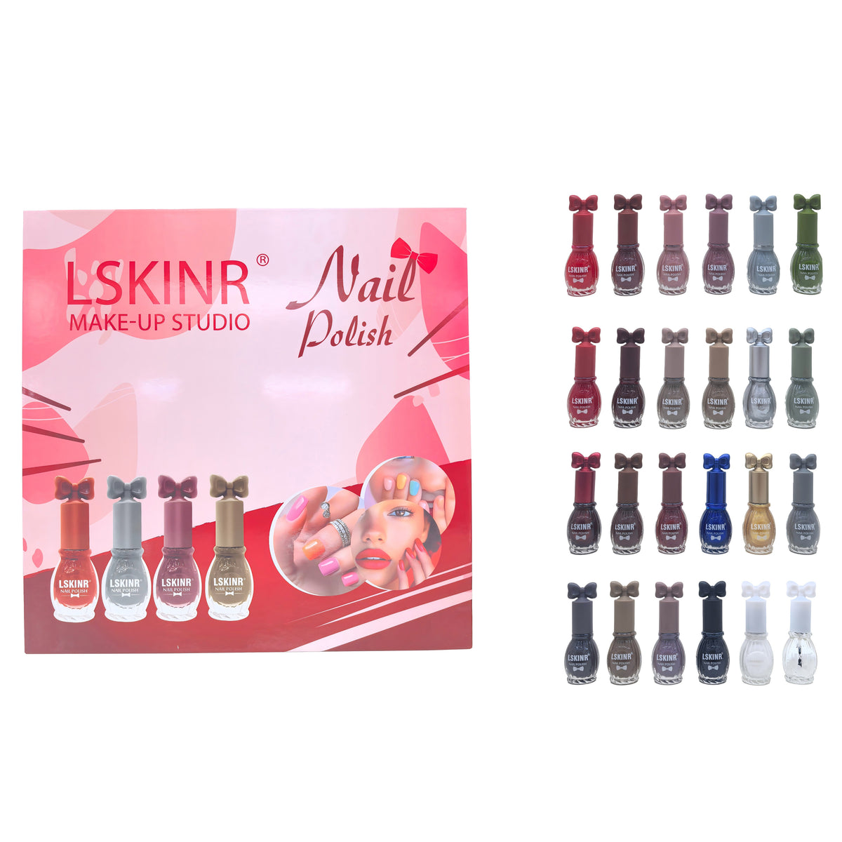 Set de 24 Esmaltes de Uñas con Moño – Fórmula al Agua, No Necesita Horneado