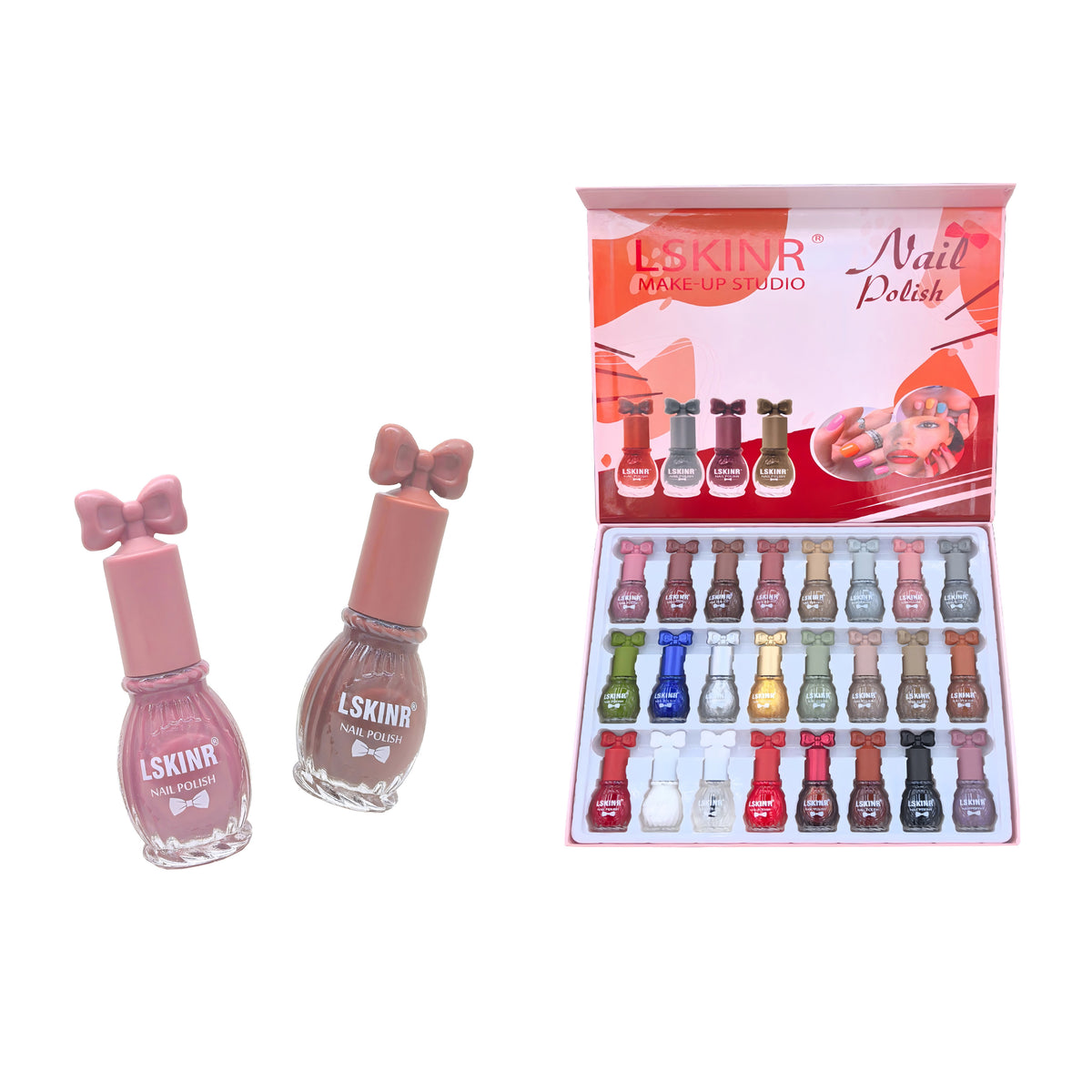 Set de 24 Esmaltes de Uñas con Moño – Fórmula al Agua, No Necesita Horneado