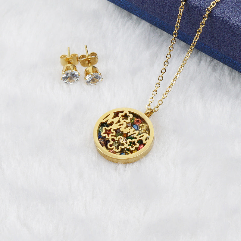 Conjunto de joyería dorada de acero inoxidable con diseño redondo calado – collar y aretes elegantes para mujer