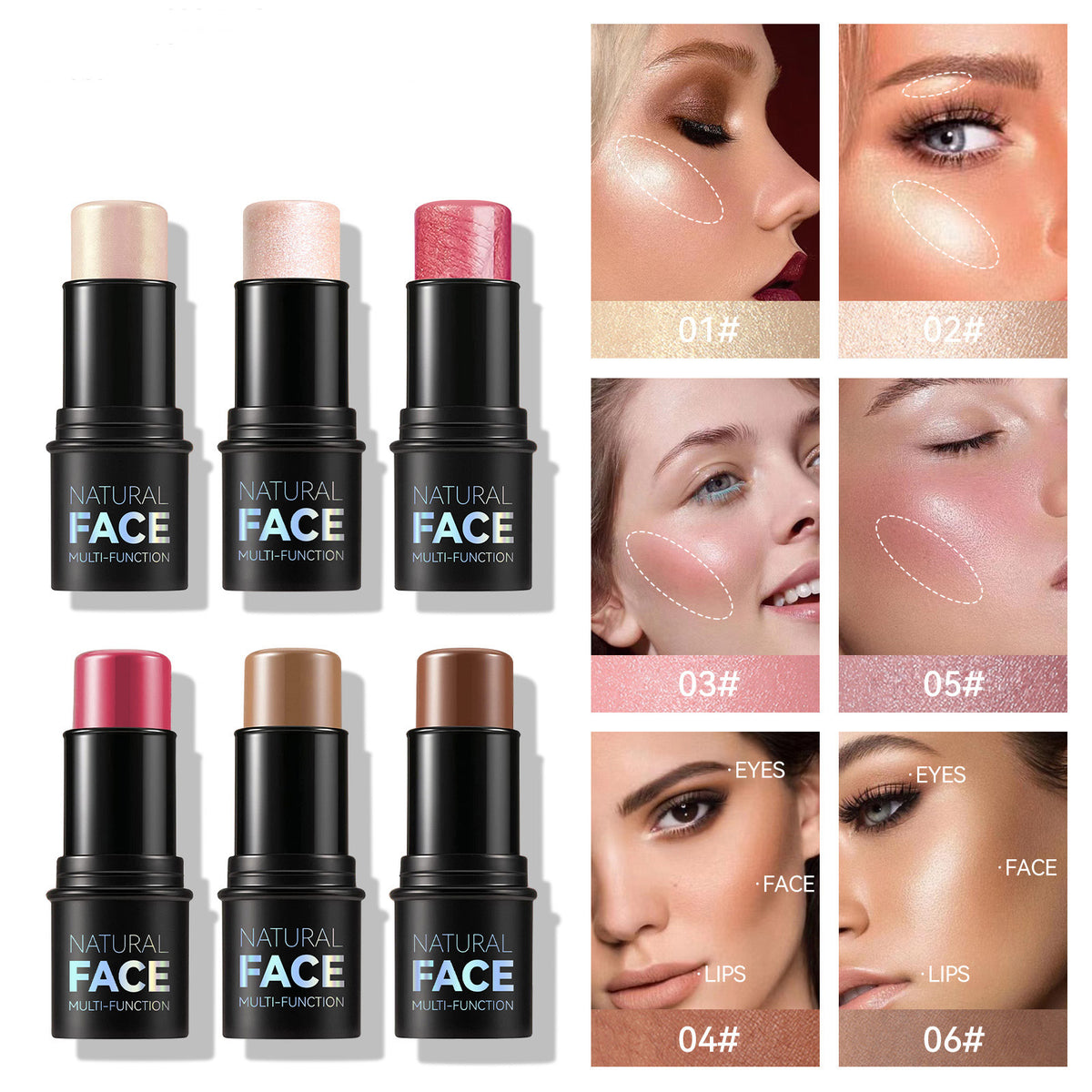 Barra de Iluminador, Rubor y Contorno 3 en 1 – 12 tonos versátiles