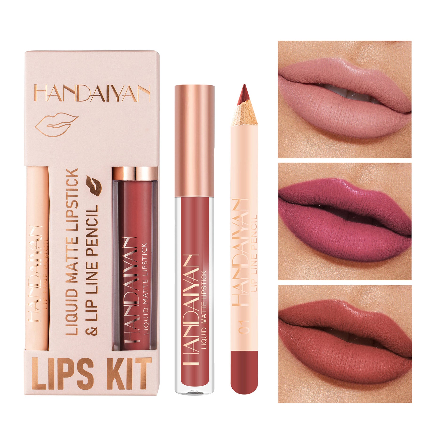 modelo con delineador y labial líquido Holybook en tono nude rosado, acabado mate definido