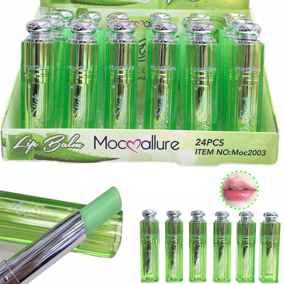 Set de labiales naturales para revender – 24 bálsamos de aloe vera Holybook para cosméticos mayoristas México