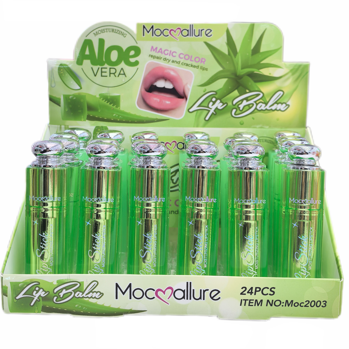 Set de bálsamos labiales 24 piezas con aloe vera, labial verde que cambia de color, ideal para revender en México