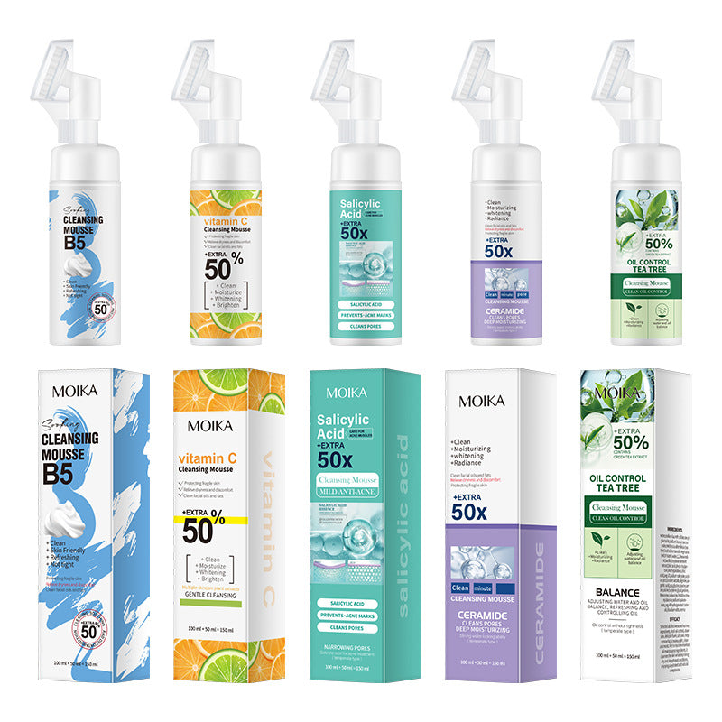 cinco espumas limpiadoras Holybook alineadas por fórmula: B5 Reparadora, Vitamina C Iluminadora, Árbol de Té Control Grasa, Ceramidas Hidratante, Ácido Salicílico Antiacné