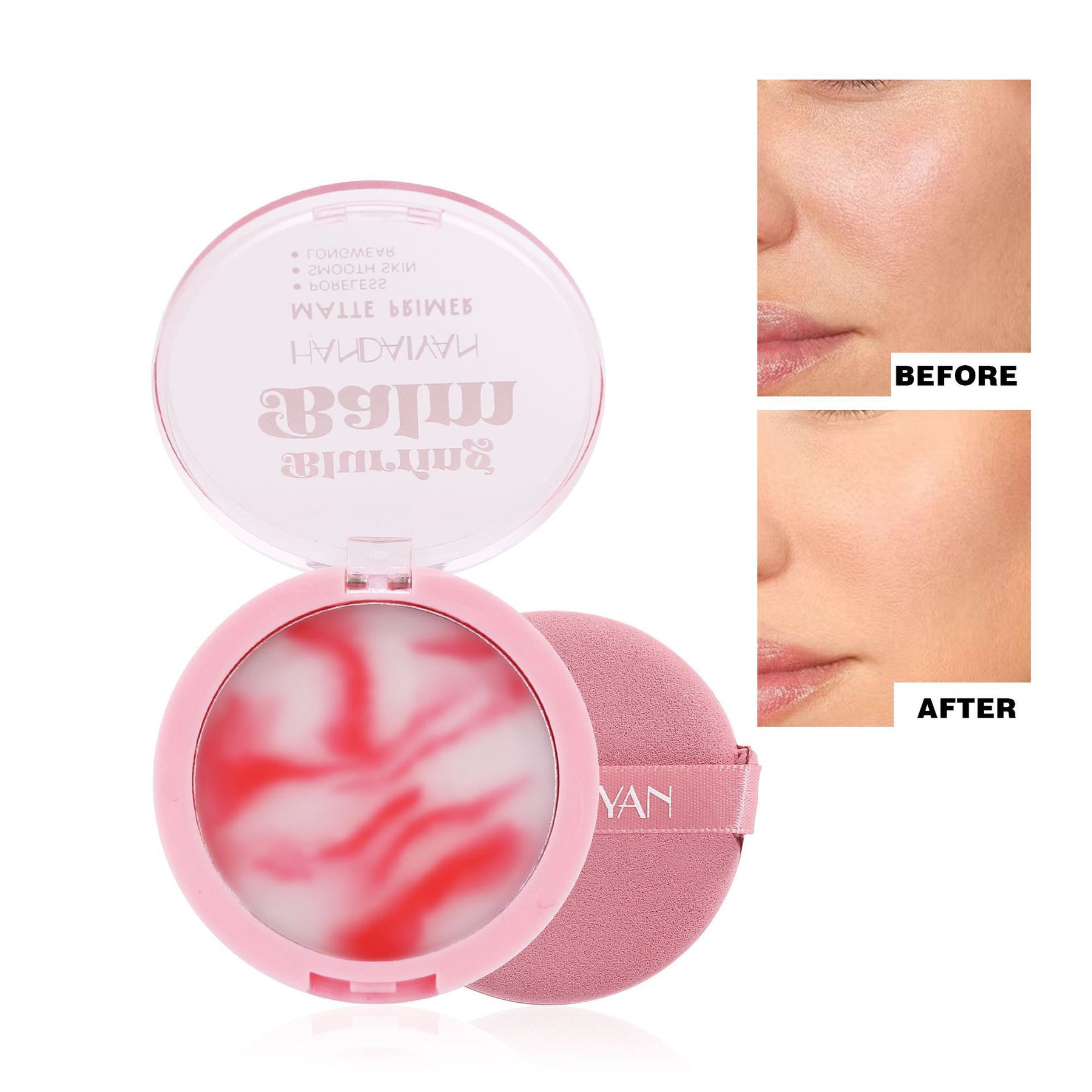 modelo aplicando polvo compacto en crema con esponja incluida