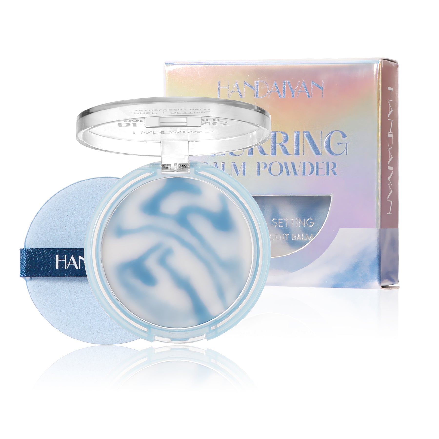 maquillaje compacto en crema resistente al brillo con estuche azul