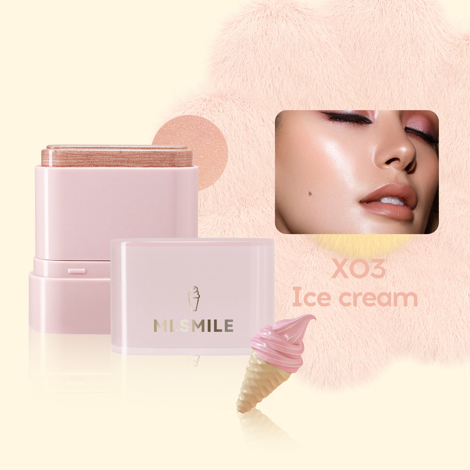 rubor y labial en tono crema suave inspirado en helado