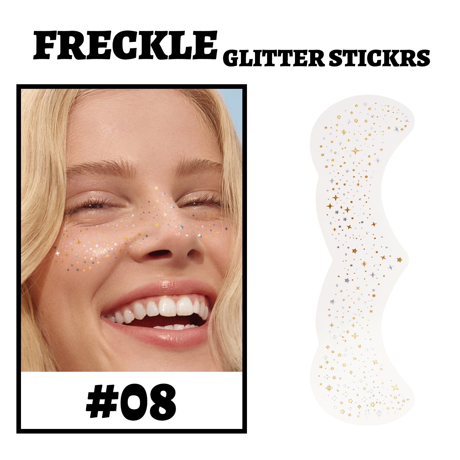 freckles metálicas doradas brillando bajo la luz sobre el rostro de la modelo