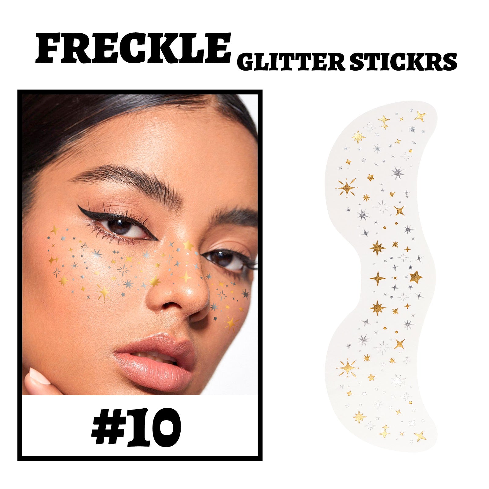 modelo mostrando pecas doradas con diseño de puntos dispersos sobre piel clara