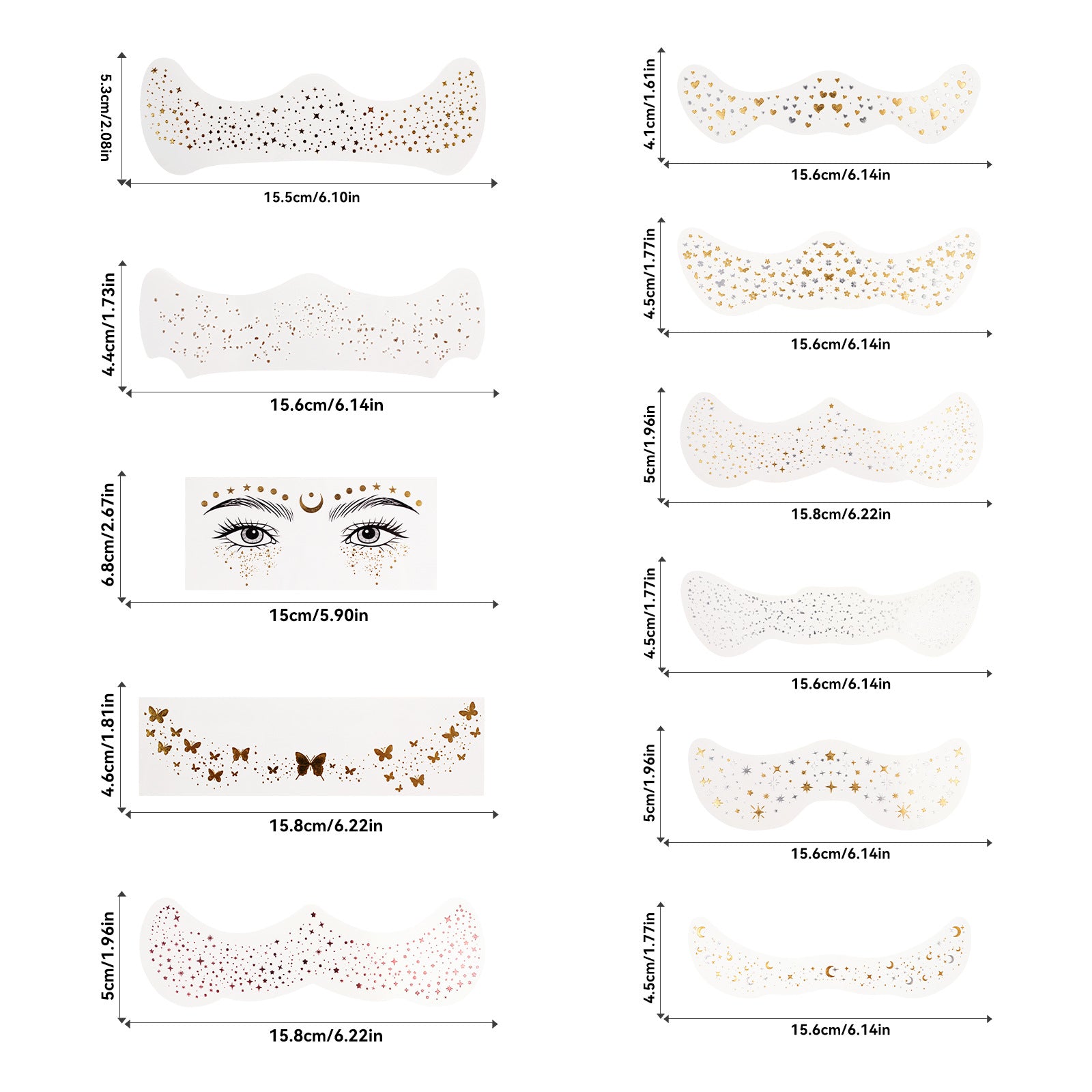 11 diseños diferentes de stickers de pecas doradas para rostro y cuerpo