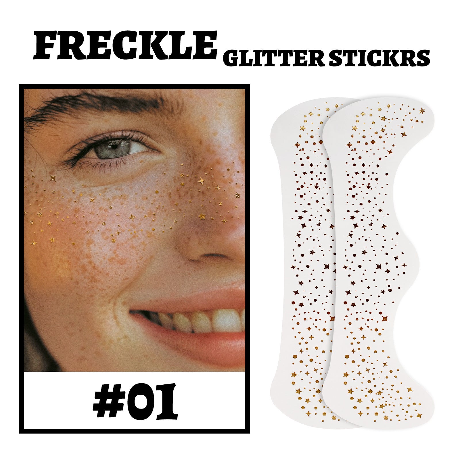 modelo con stickers de pecas doradas estilo estrella aplicados en mejillas y nariz