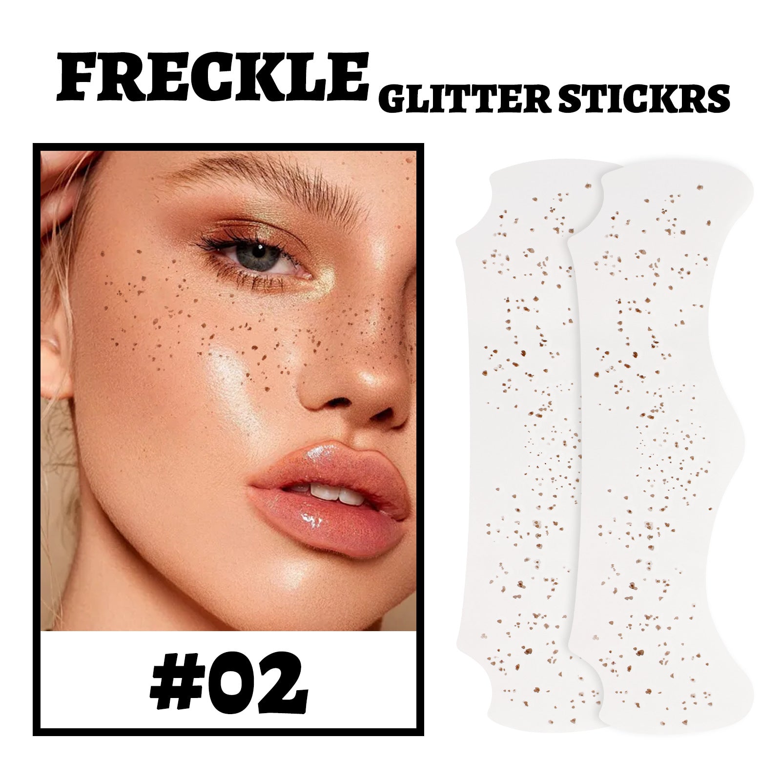 freckles metálicas doradas brillando bajo la luz sobre el rostro de la modelo