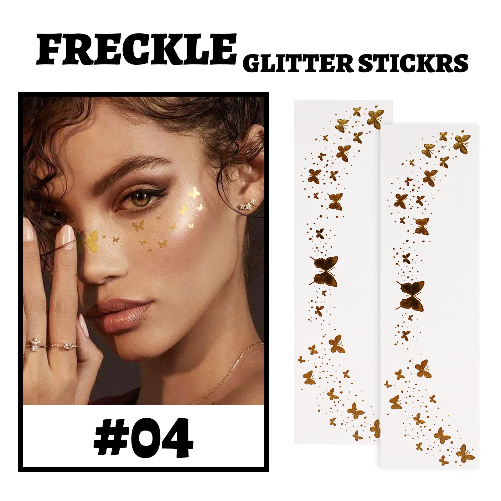 modelo mostrando pecas doradas con diseño de puntos dispersos sobre piel clara