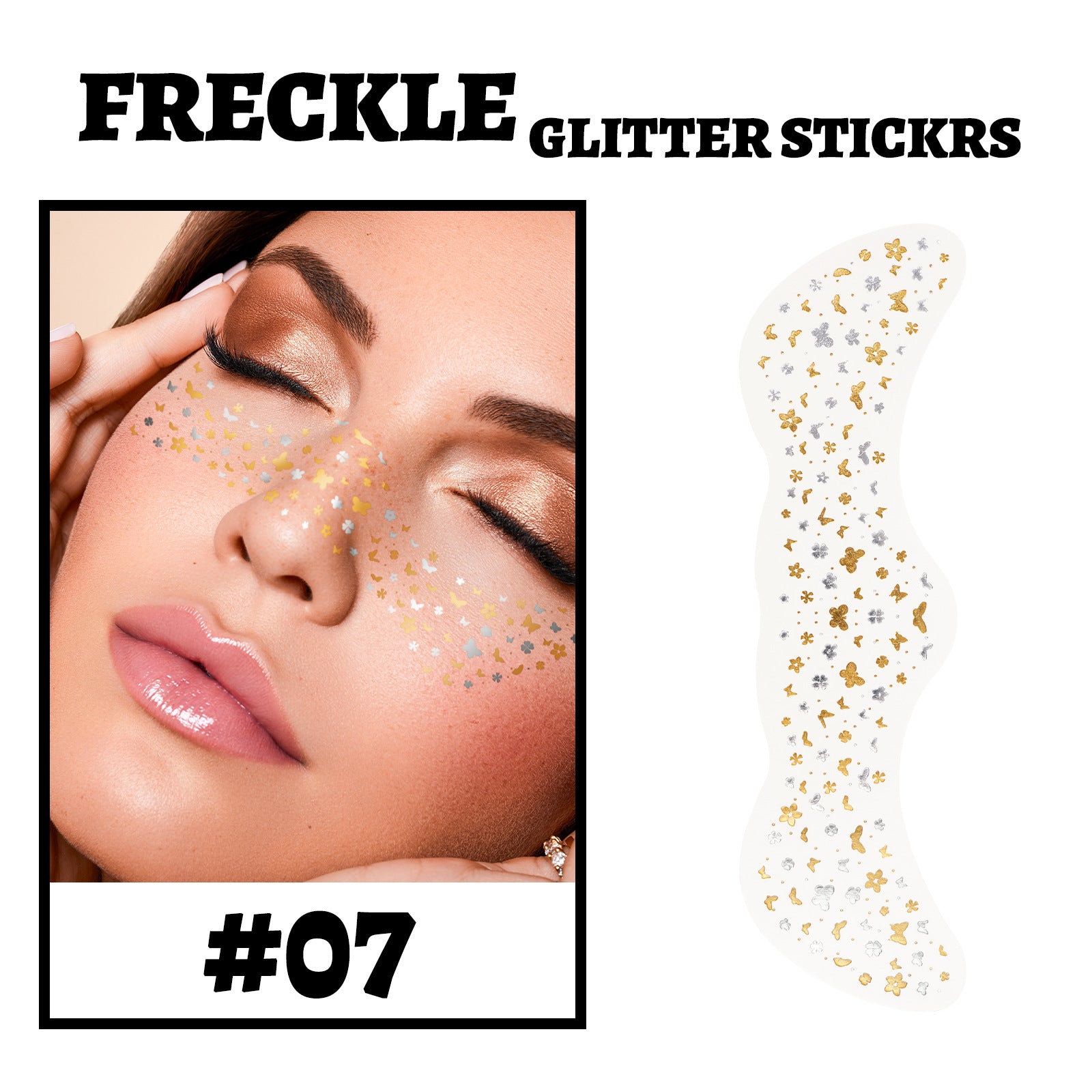 modelo con stickers de pecas doradas estilo estrella aplicados en mejillas y nariz