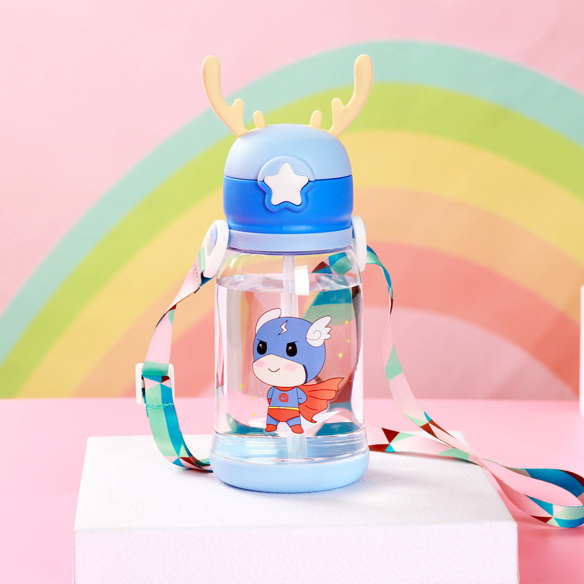 600ML Vaso de Plástico Con Popote Para Niños, Con Diseño de Cuernos y Dibujos Animados(Envío Inmediato)