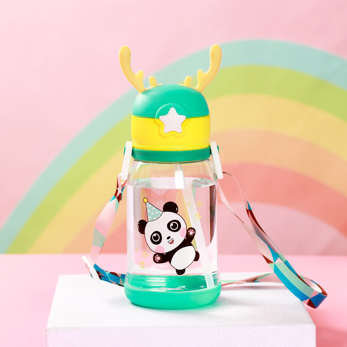 600ML Vaso de Plástico Con Popote Para Niños, Con Diseño de Cuernos y Dibujos Animados(Envío Inmediato)