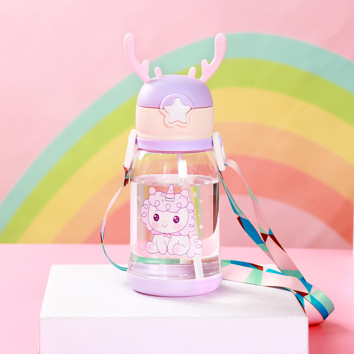 600ML Vaso de Plástico Con Popote Para Niños, Con Diseño de Cuernos y Dibujos Animados(Envío Inmediato)