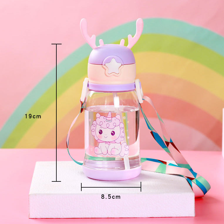 600ML Vaso de Plástico Con Popote Para Niños, Con Diseño de Cuernos y Dibujos Animados(Envío Inmediato)