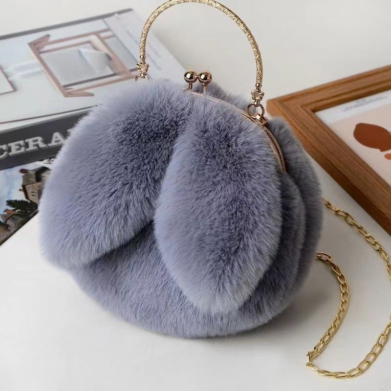 Bolsa de felpa gris con orejas de conejo – estilo neutro y suave para mujer