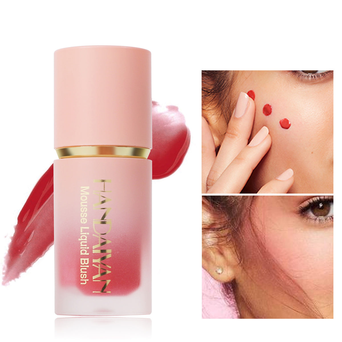 rubor líquido difuminado en pómulos con acabado suave y mate