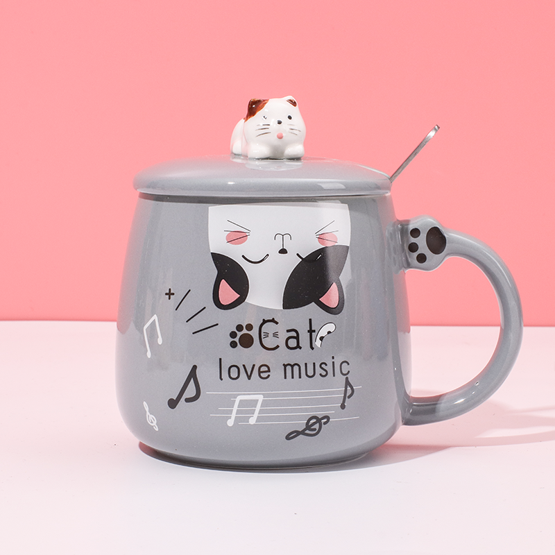 450 ml Taza De Gato De Dibujos Animados Taza De Agua De Cerámica Con Tapa Y Cuchara (Personalizado)