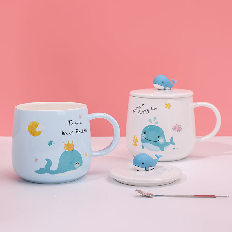 480ml Taza De Cerámica De Ballena De Dibujos Animados Con Tapa Y Cuchara (60 Pieces)(Personalización) - HOLY BOOK