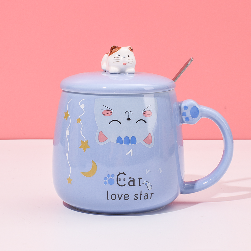 450 ml Taza De Gato De Dibujos Animados Taza De Agua De Cerámica Con Tapa Y Cuchara (Personalizado)