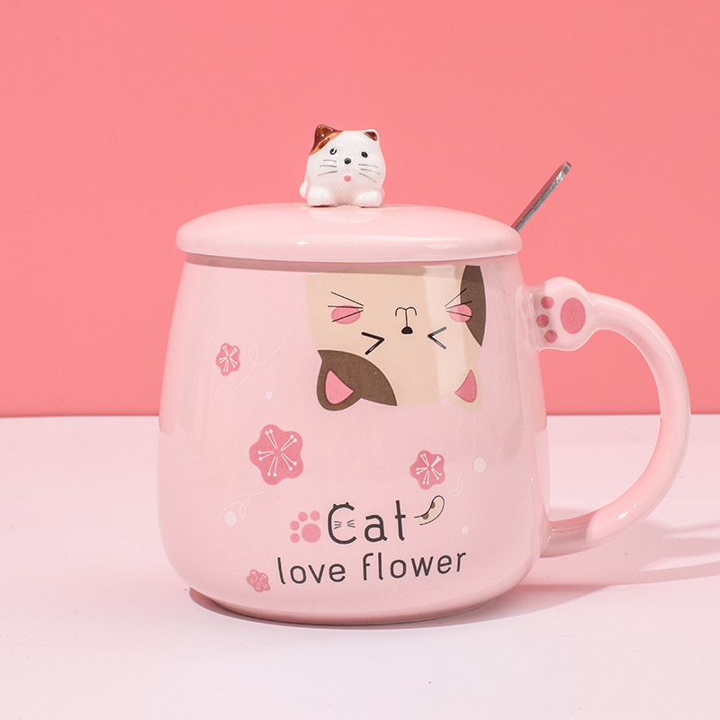 450 ml Taza De Gato De Dibujos Animados Taza De Agua De Cerámica Con Tapa Y Cuchara (Personalizado)