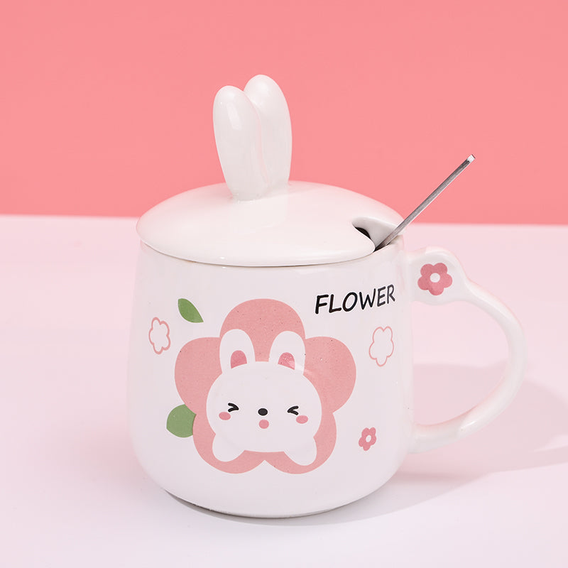 480ml Taza De Cerámica De Conejo De Dibujos Animados Con Tapa Y Cuchara (60 Pieces)(Personalización) - HOLY BOOK
