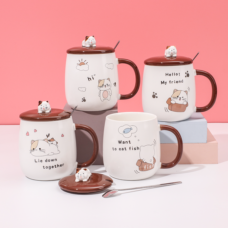 450 ml Taza De Gato Taza De Agua De Cerámica Con Tapa Y Cuchara (Personalizado)