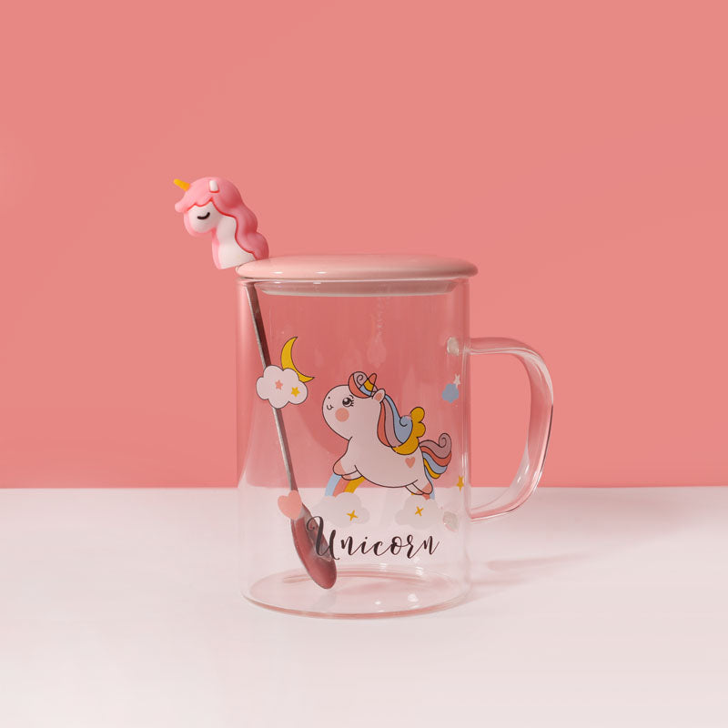 450ml Vaso de agua de vidrio con forma de unicornio con tapa y cuchara (60 Pieces) - HOLY BOOK
