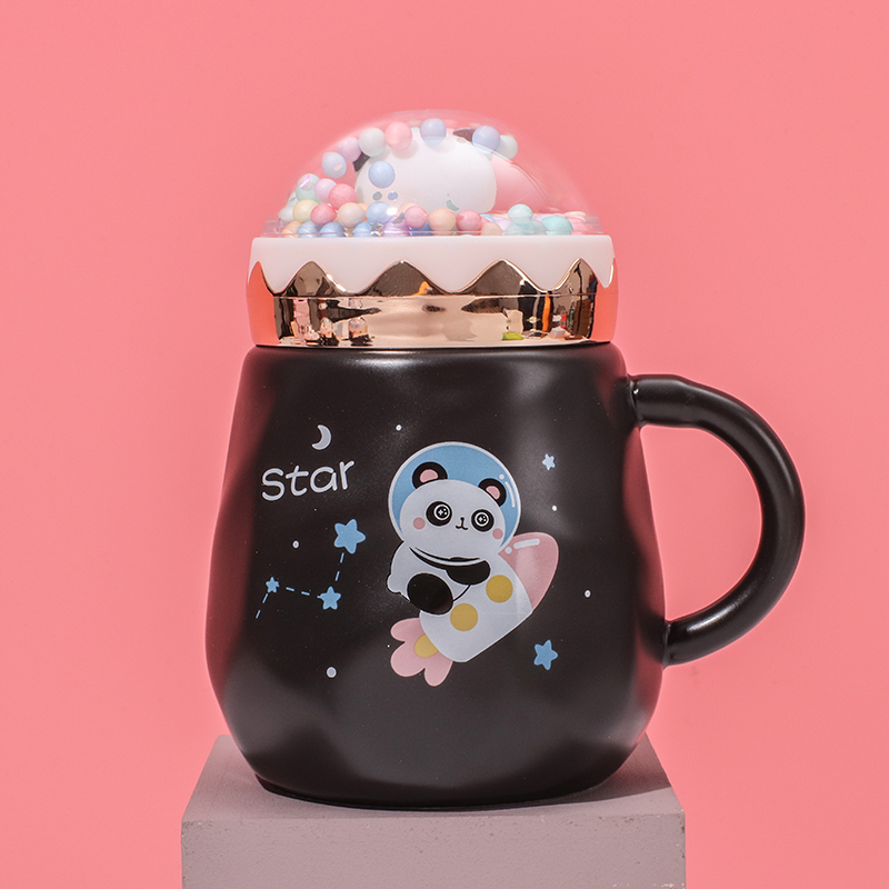 450 ml Taza De Panda De Dibujos Animados Taza De Agua De Cerámica Con Tapa Y Cuchara (Personalizado)