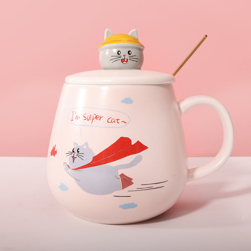 450 ml Taza de gato de dibujos animados Taza de agua de cerámica con tapa y cuchara (60 Pieces) - HOLY BOOK