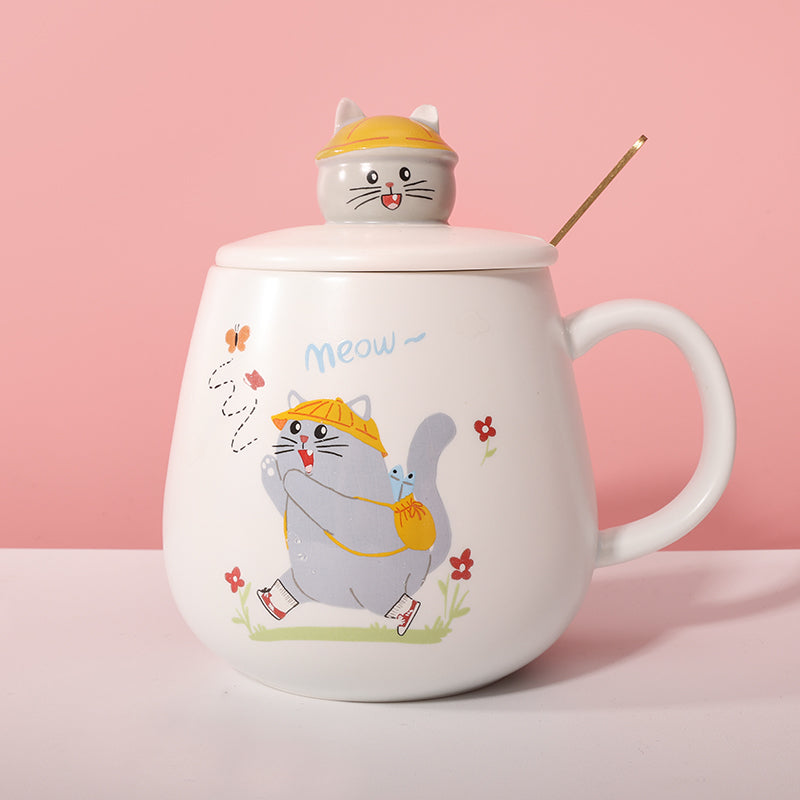 450 ml Taza de gato de dibujos animados Taza de agua de cerámica con tapa y cuchara (60 Pieces) - HOLY BOOK