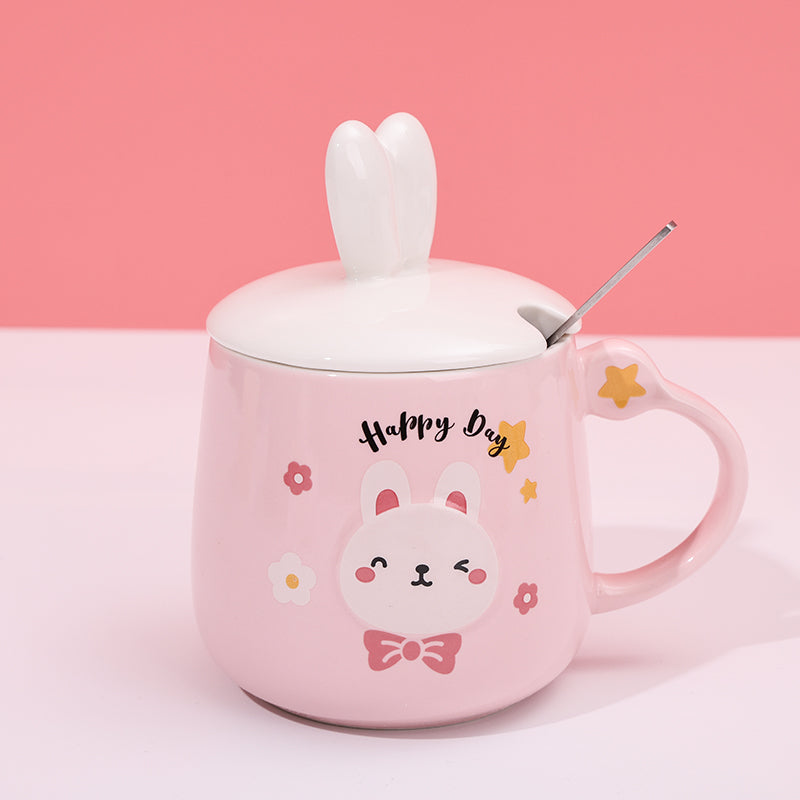480ml Taza De Cerámica De Conejo De Dibujos Animados Con Tapa Y Cuchara (60 Pieces)(Personalización) - HOLY BOOK