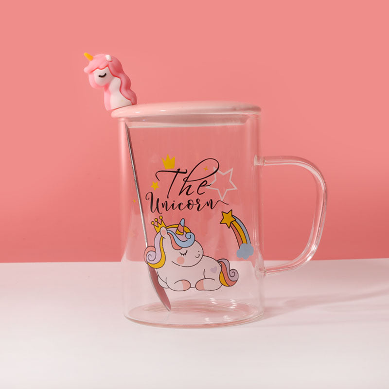 450ml Vaso de agua de vidrio con forma de unicornio con tapa y cuchara (60 Pieces) - HOLY BOOK