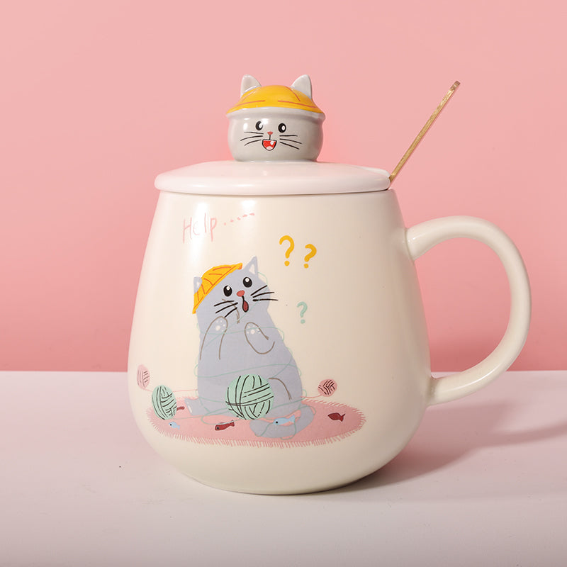 450 ml Taza de gato de dibujos animados Taza de agua de cerámica con tapa y cuchara (60 Pieces) - HOLY BOOK