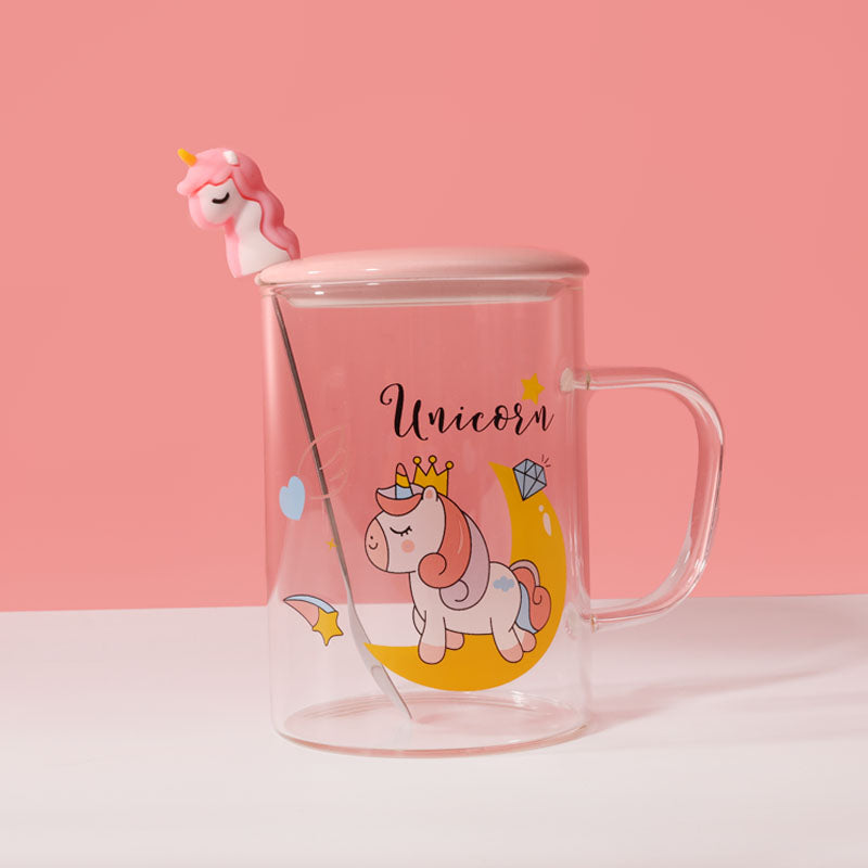 450ml Vaso de agua de vidrio con forma de unicornio con tapa y cuchara (60 Pieces) - HOLY BOOK