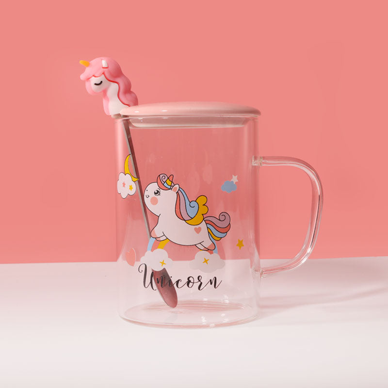 450ml Vaso de agua de vidrio con forma de unicornio con tapa y cuchara (60 Pieces) - HOLY BOOK