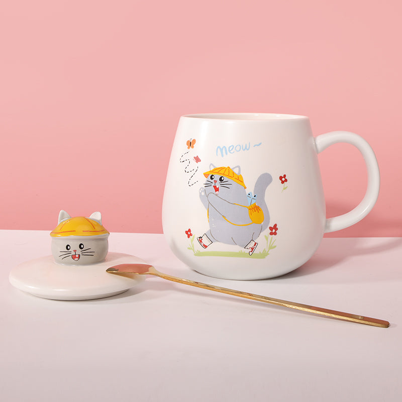 450 ml Taza de gato de dibujos animados Taza de agua de cerámica con tapa y cuchara (60 Pieces) - HOLY BOOK