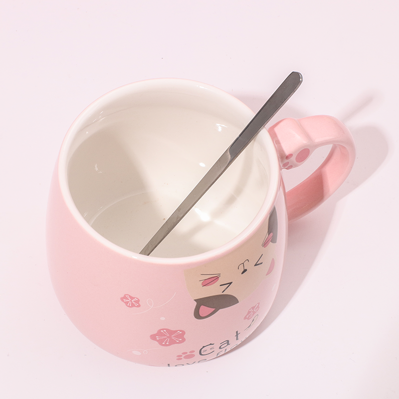 450 ml Taza De Gato De Dibujos Animados Taza De Agua De Cerámica Con Tapa Y Cuchara (Personalizado)
