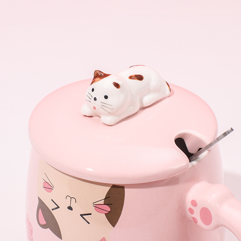 450 ml Taza De Gato De Dibujos Animados Taza De Agua De Cerámica Con Tapa Y Cuchara (Personalizado)