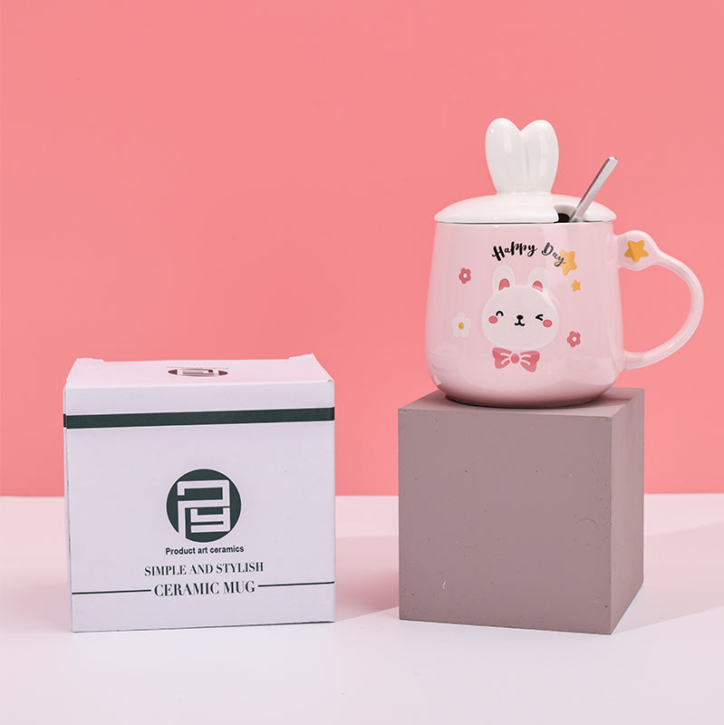 480ml Taza De Cerámica De Conejo De Dibujos Animados Con Tapa Y Cuchara (60 Pieces)(Personalización) - HOLY BOOK