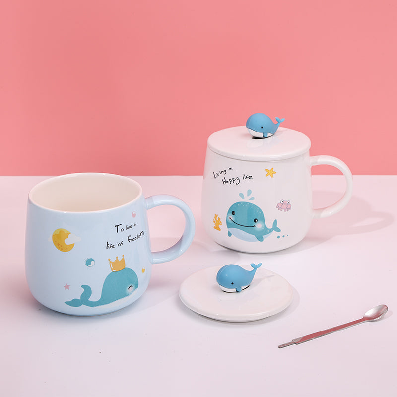 480ml Taza De Cerámica De Ballena De Dibujos Animados Con Tapa Y Cuchara (60 Pieces)(Personalización) - HOLY BOOK